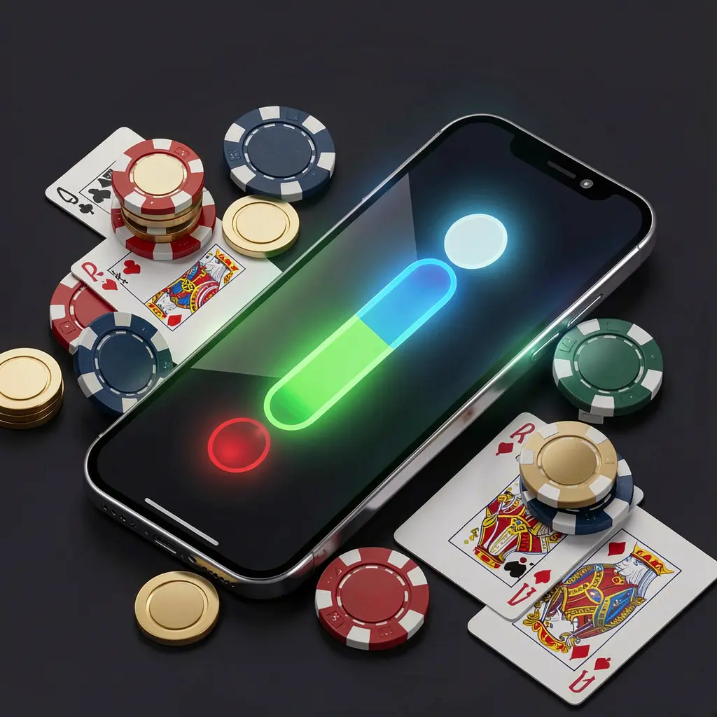SIGE87 casino app installation visual on a smartphone with a glowing progress bar, surrounded by coins, chips, and cards, set against a dark background for a premium mobile gaming experience