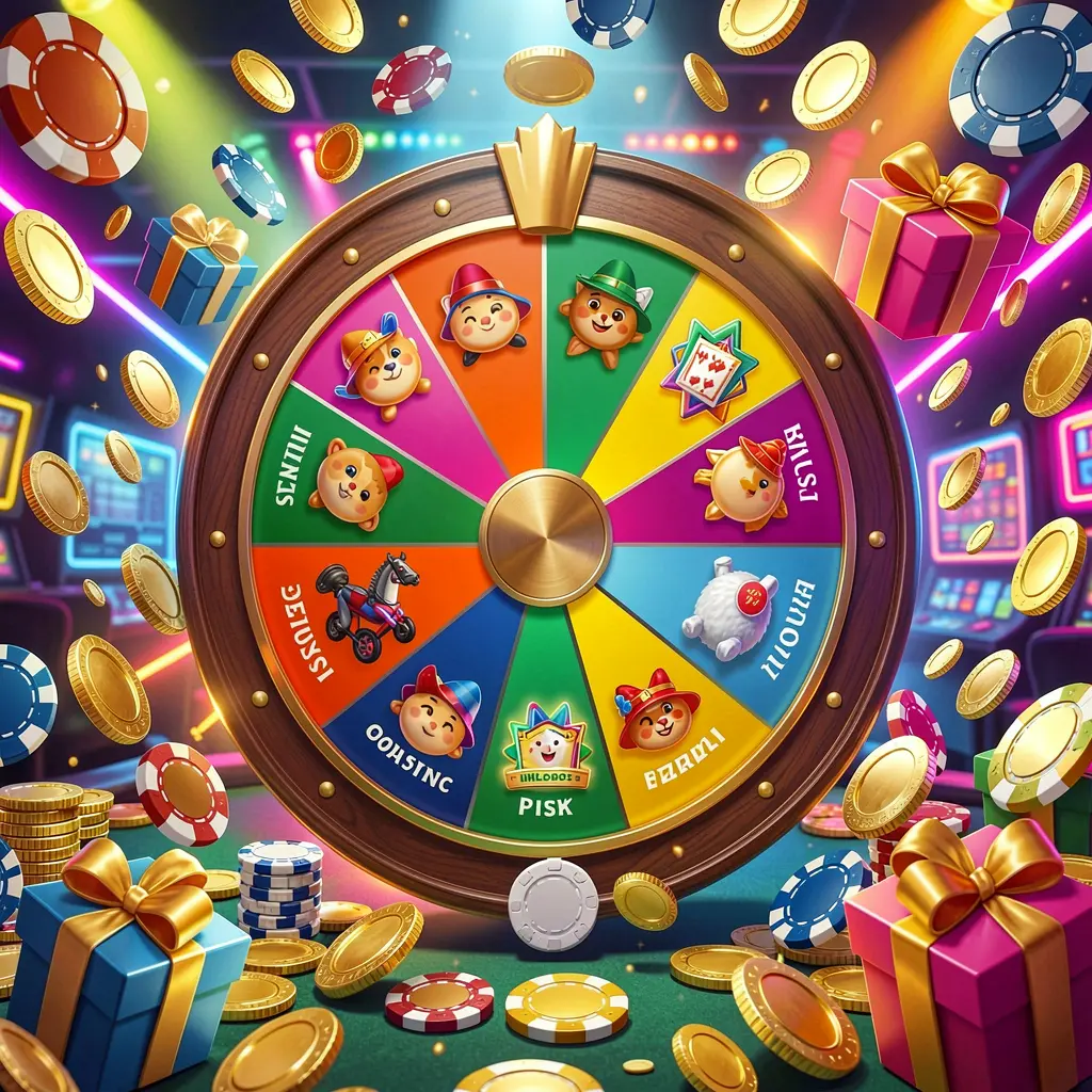 SIGE87 casino bonus wheel with colorful prize sections surrounded by golden coins, chips, and gift boxes under bright neon casino lights in a dynamic composition