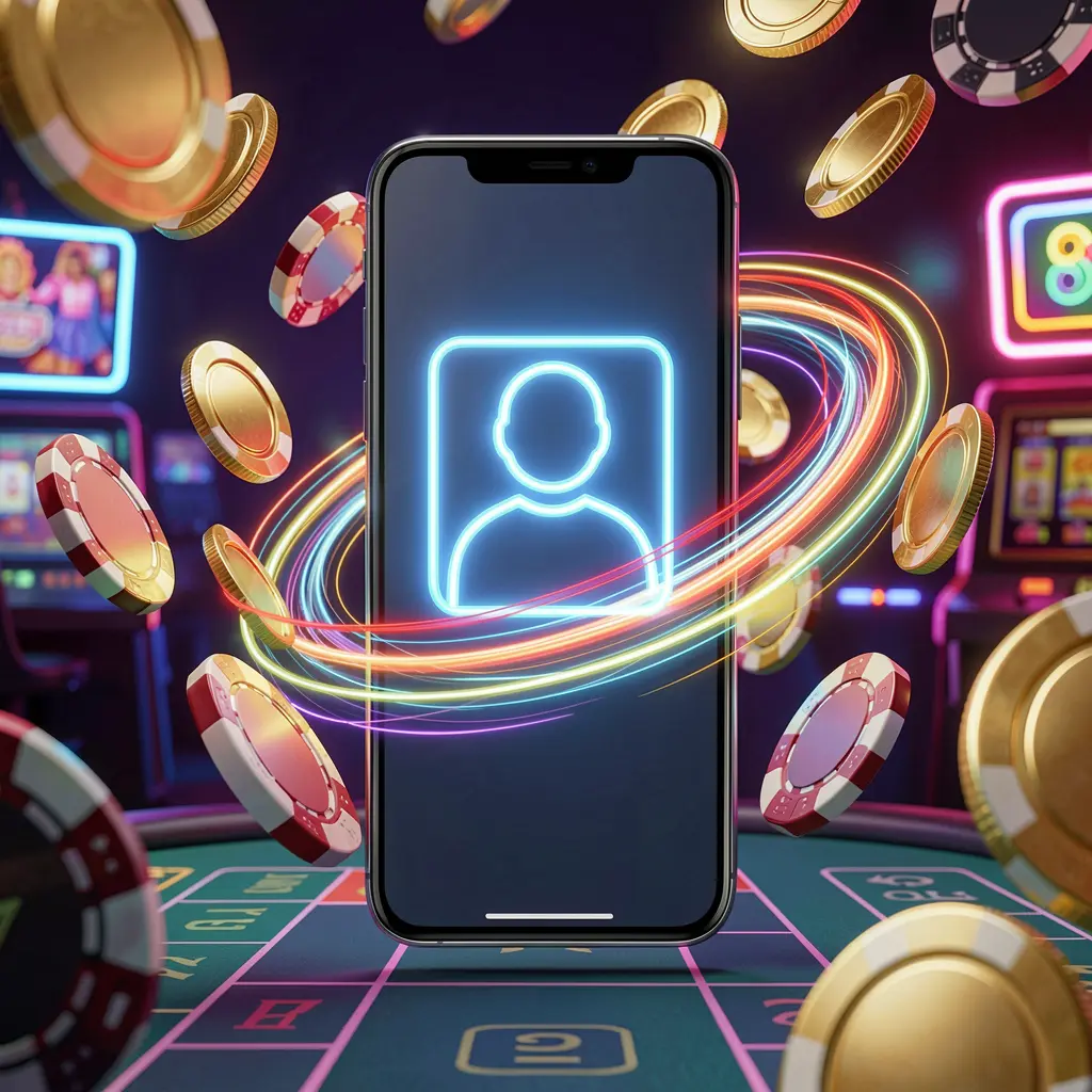 Fast casino login banner featuring a smartphone with a bright user icon, speed light trails, golden coins and chips flying around in a modern neon casino style, high detail 3D render by SIGE87