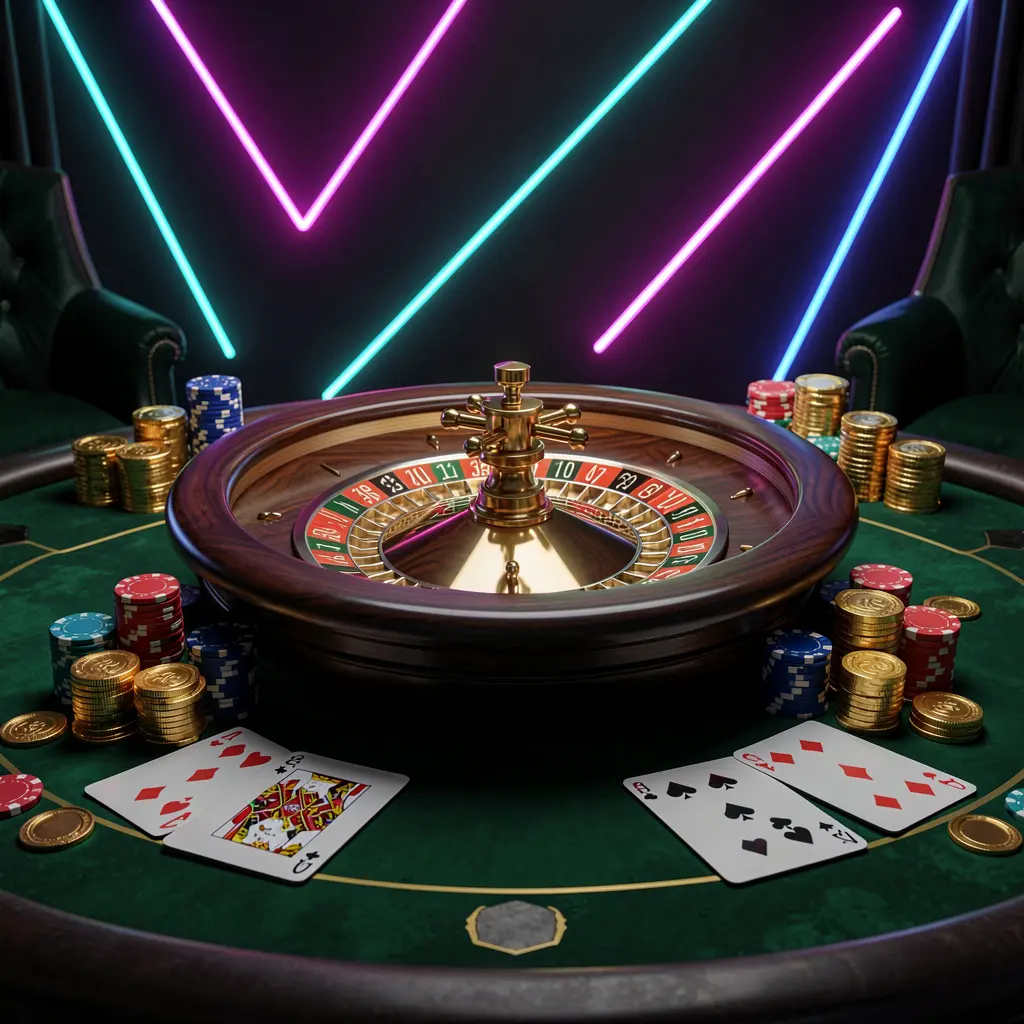 Luxury casino table with roulette wheel, poker chips, playing cards, and golden coins in a dark premium background with neon glow, showcasing SIGE87's online casino homepage hero banner for responsible gaming
